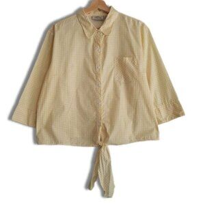 ASH CREEK 100% Cotton Bottom Tie Gingham Shirt Top Yellow Sz L Flawed